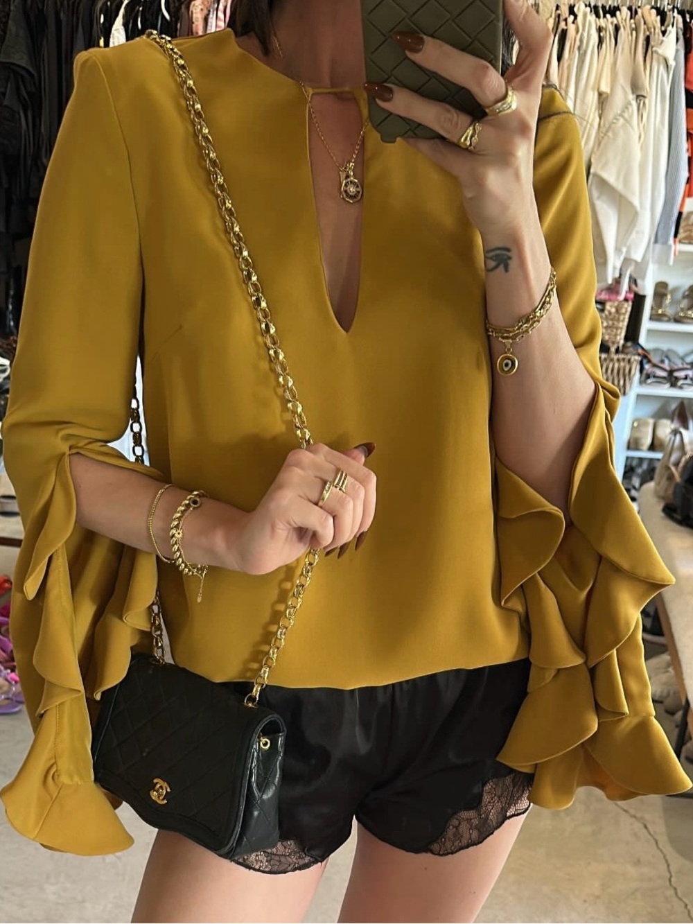C/MEO Collective Mustard Ruffled Sleeve V-Neck Blouse